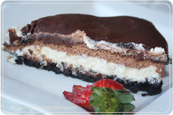 Chocolate desserts including this Chocolate Mousse Cheesecake Pie at Forty Eighteen