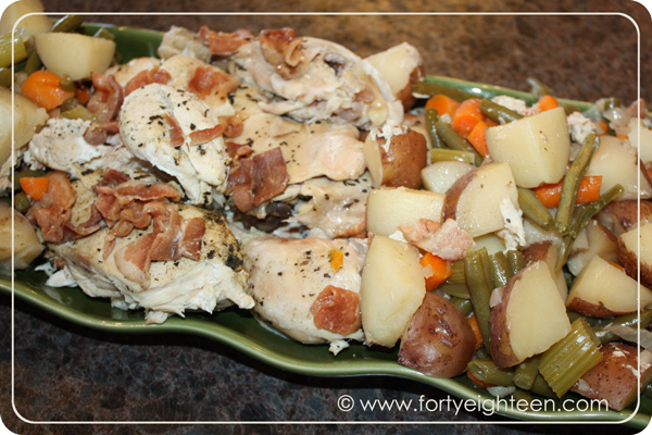 Crock Pot Chicken comfort food with veggies and bacon = the PERFECT Sunday meal
