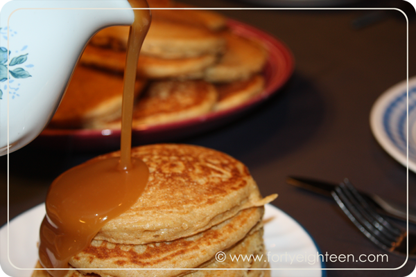 These whole wheat butermilk pancakes are to die for, and the caramel syrup makes them even better!